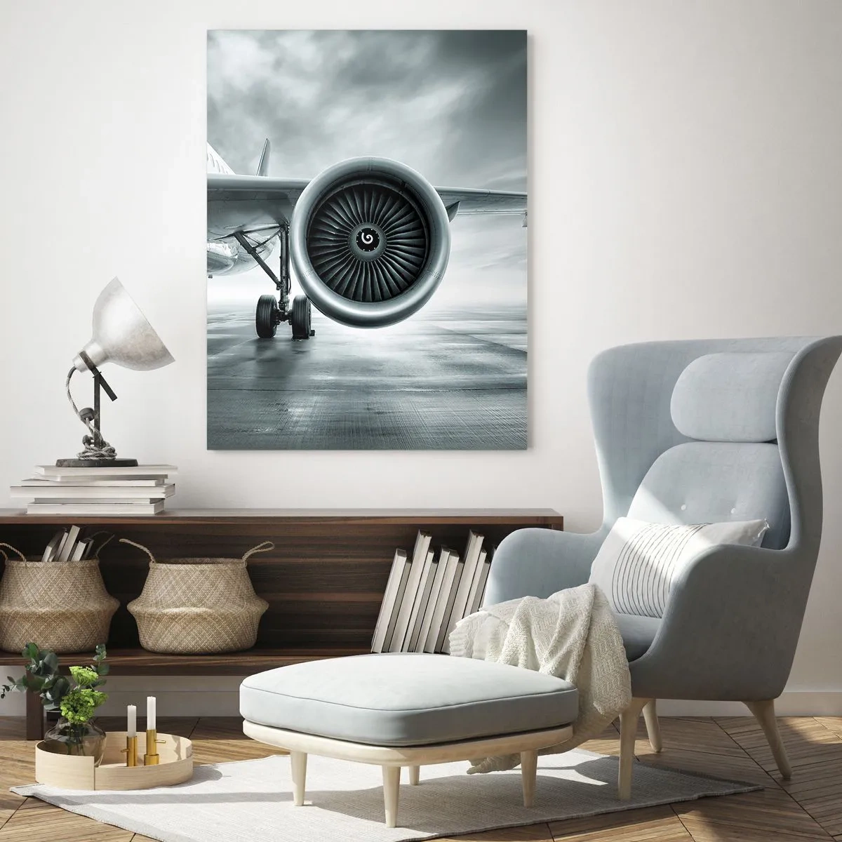 Quadro su vetro - La turbina di un aereo passeggeri sulla pista all'alba - 50x70cm - C'è la forza! - Decorazione murale moderna per soggiorno e camera da letto ARTTOR