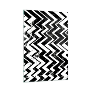 Quadro su vetro - Motivo a zigzag bianco e nero con abrasioni artistiche - 80x120cm - Zig-bianco, zag-nero - Decorazione murale moderna per soggiorno e camera da letto ARTTOR