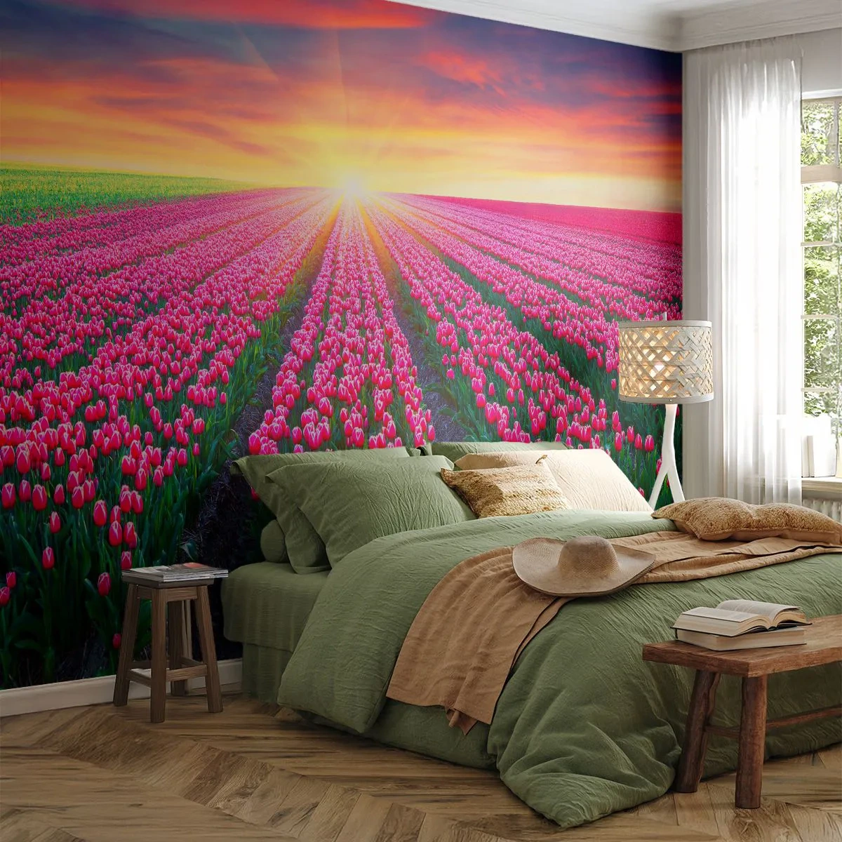 Fotomurali Premium Canvas - La fattoria della bellezza - Fiori, Tulipani, Tramonto - 300x210 cm