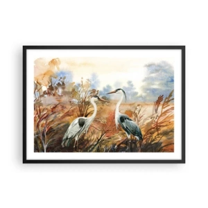 Poster in cornice nera - Due aironi sullo sfondo di un paesaggio autunnale - 70x50cm - Dove in autunno? - Decorazione murale moderna per soggiorno e camera da letto ARTTOR