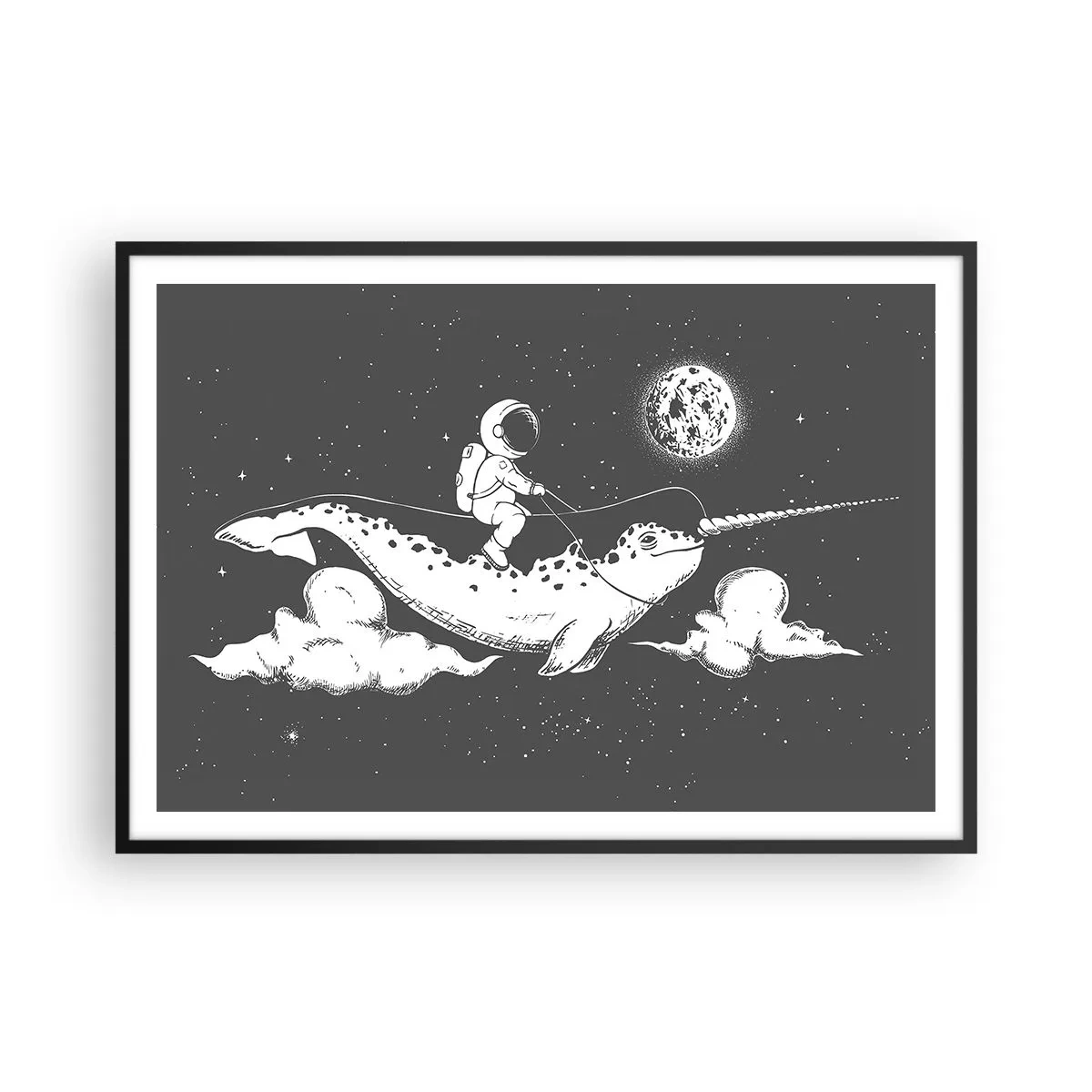 Poster in cornice nera - Un astronauta sul dorso di un narvalo che fluttua in una scena spaziale. - 100x70cm - Il cavaliere dello spazio - Decorazione murale moderna per soggiorno e camera da letto ARTTOR