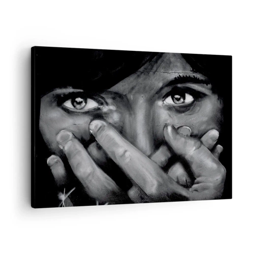 Quadro su tela - Stampe su Tela - Ritratto in bianco e nero di una donna che si copre il viso con le mani. - 70x50cm - Non dico chi l'ha dipinto - Decorazione murale moderna per soggiorno e camera da letto ARTTOR