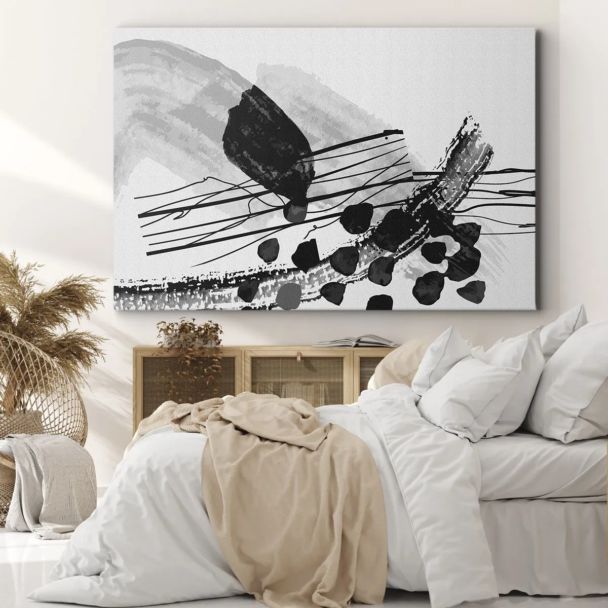 Quadro su tela - Stampe su Tela - Composizione astratta in bianco e nero con forme organiche - 100x70cm - Astrazione organica in bianco e nero - Decorazione murale moderna per soggiorno e camera da letto ARTTOR