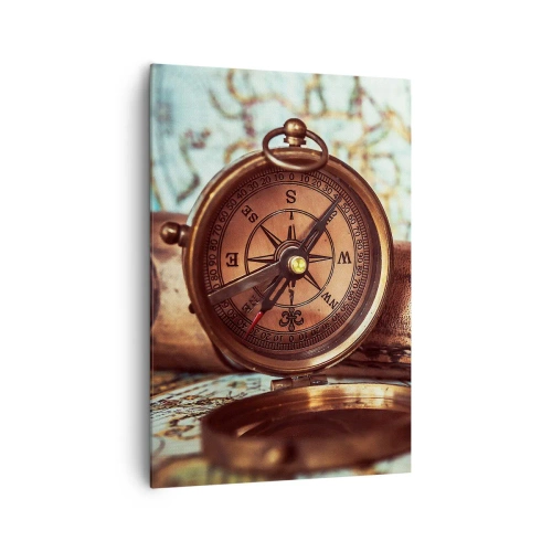 Quadro su tela - Stampe su Tela - Un set retrò con bussola, telescopio e mappa a tema viaggio - 70x100cm - Ti aspetta l'avventura dei pirati dei Caraibi - Decorazione murale moderna per soggiorno e camera da letto ARTTOR