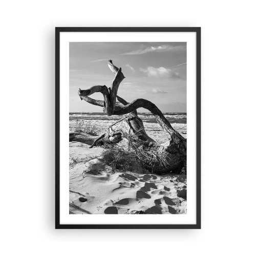 Poster in cornice nera - Fotografia in bianco e nero di un albero secco sulla spiaggia - 50x70cm - Scolpito dal mare - Decorazione murale moderna per soggiorno e camera da letto ARTTOR