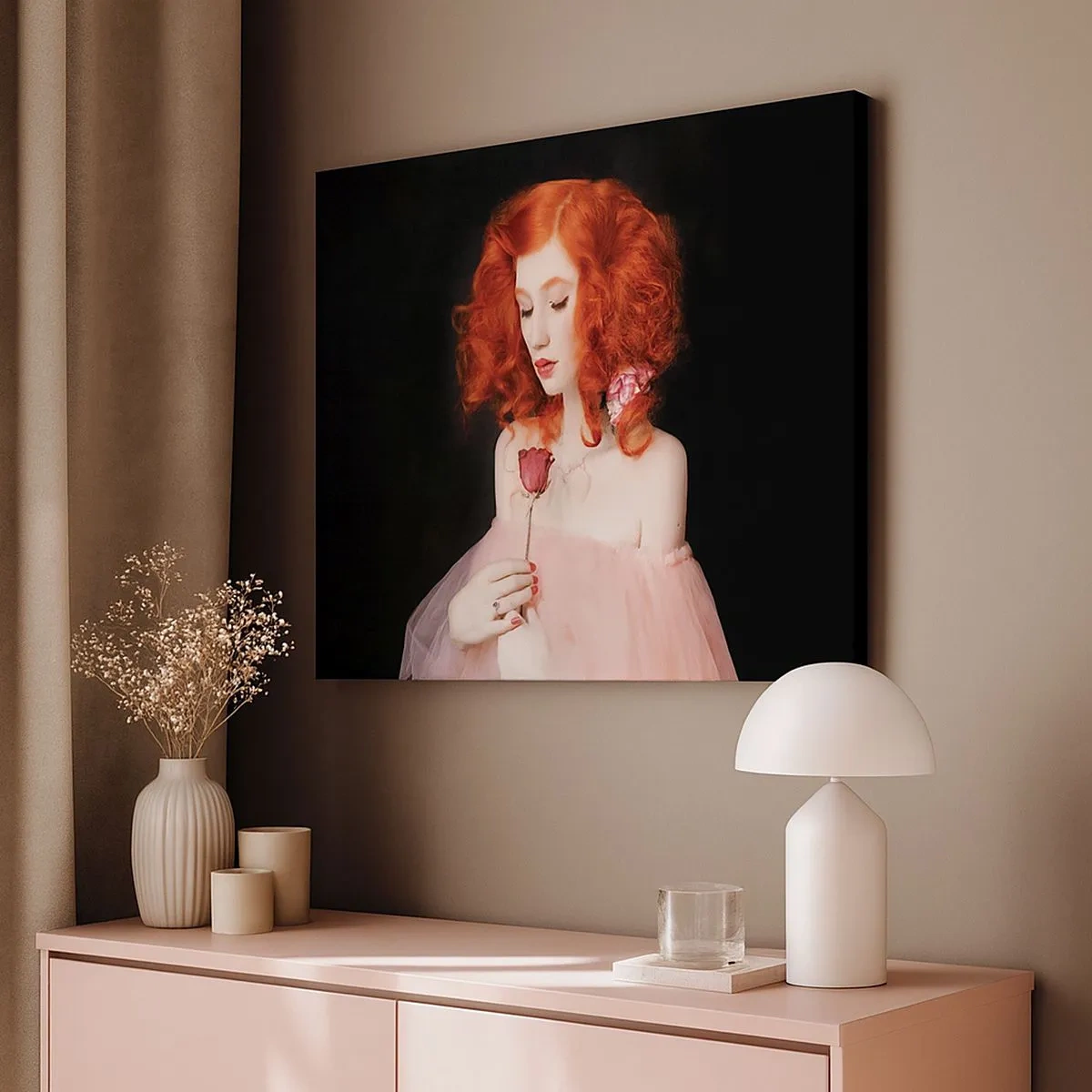 Quadro su tela - Stampe su Tela - Una donna con i capelli rossi che tiene una rosa - 70x50cm - In stile barocco - Decorazione murale moderna per soggiorno e camera da letto ARTTOR