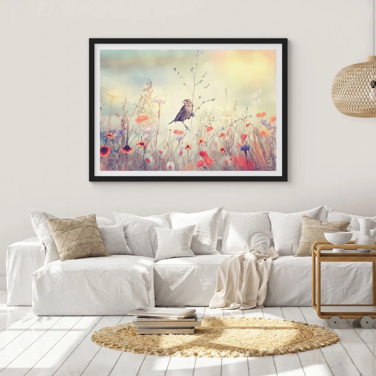 Poster in cornice nera - Un uccello sullo sfondo di un prato colorato in colori pastello - 100x70cm - Ritratto d'uccello con prato di sfondo - Decorazione murale moderna per soggiorno e camera da letto ARTTOR