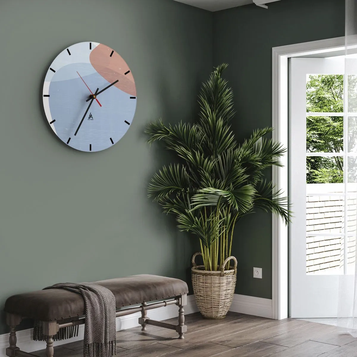 Orologio da parete - Orologio in Vetro - Una forma astratta in blu e terracotta su uno sfondo chiaro. - 30x30cm - Legami pastello - Decorazione murale moderna per soggiorno, cucina e camera da letto ARTTOR