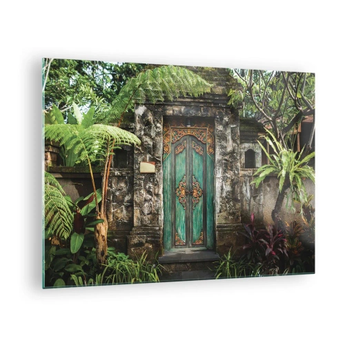 Quadro su vetro - Porta turchese decorata in un muro di pietra circondato da vegetazione tropicale - 70x50cm - Le porte verso un mondo esotico - Decorazione murale moderna per soggiorno e camera da letto ARTTOR