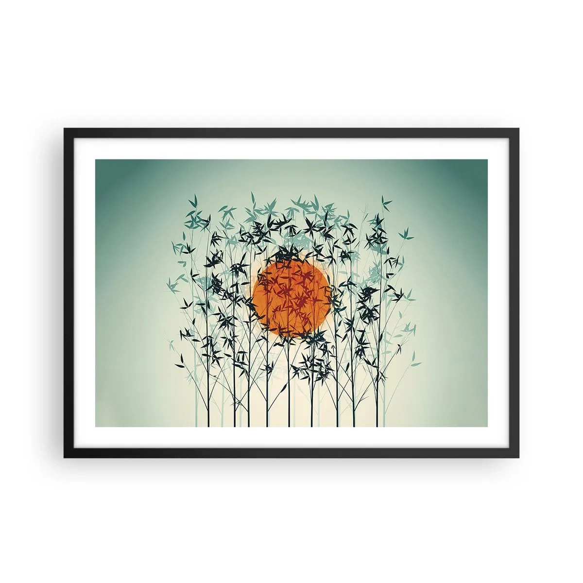 Poster in cornice nera - Sole arancione tra i rami di bambù - 70x50cm - Sole giapponese - Decorazione murale moderna per soggiorno e camera da letto ARTTOR