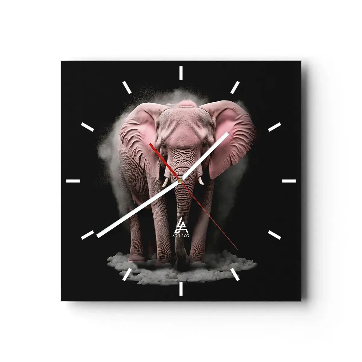Orologio da parete - Orologio in Vetro - Un'interpretazione artistica di un elefante rosa su sfondo nero - 30x30cm - Non pensare all'elefante rosa! - Decorazione murale moderna per soggiorno e camera da letto ARTTOR