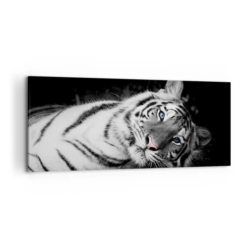 Quadro su tela - Stampe su Tela - Una tigre bianca artisticamente raffigurata su uno sfondo nero - 120x50cm - Selvaggità e pace - Decorazione murale moderna per soggiorno e camera da letto ARTTOR