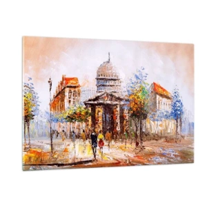 Quadro su vetro - Una pittoresca strada cittadina con un edificio storico sullo sfondo - 120x80cm - Passeggiata a Parigi - Decorazione murale moderna per soggiorno e camera da letto ARTTOR
