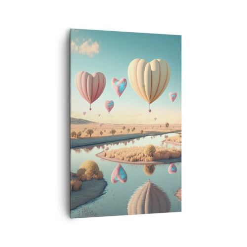 Quadro su tela - Stampe su Tela - Palloncini a forma di cuore che fluttuano sopra il paesaggio - 80x120cm - L'amore permette di volare - Decorazione murale moderna per soggiorno e camera da letto ARTTOR