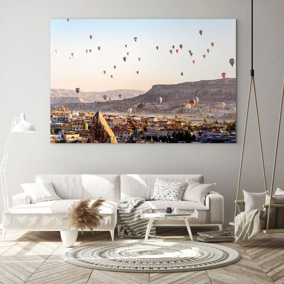 Quadro su vetro - Volo in mongolfiera sopra la Cappadocia alla luce del mattino - 100x70cm - Come navi nel cielo - Decorazione murale moderna per soggiorno e camera da letto ARTTOR