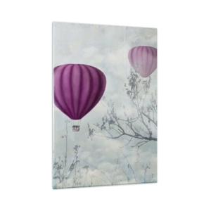 Quadro su vetro - Palloncini viola che fluttuano tra le nuvole e i rami degli alberi - 50x70cm - Come navi nel cielo - Decorazione murale moderna per soggiorno e camera da letto ARTTOR