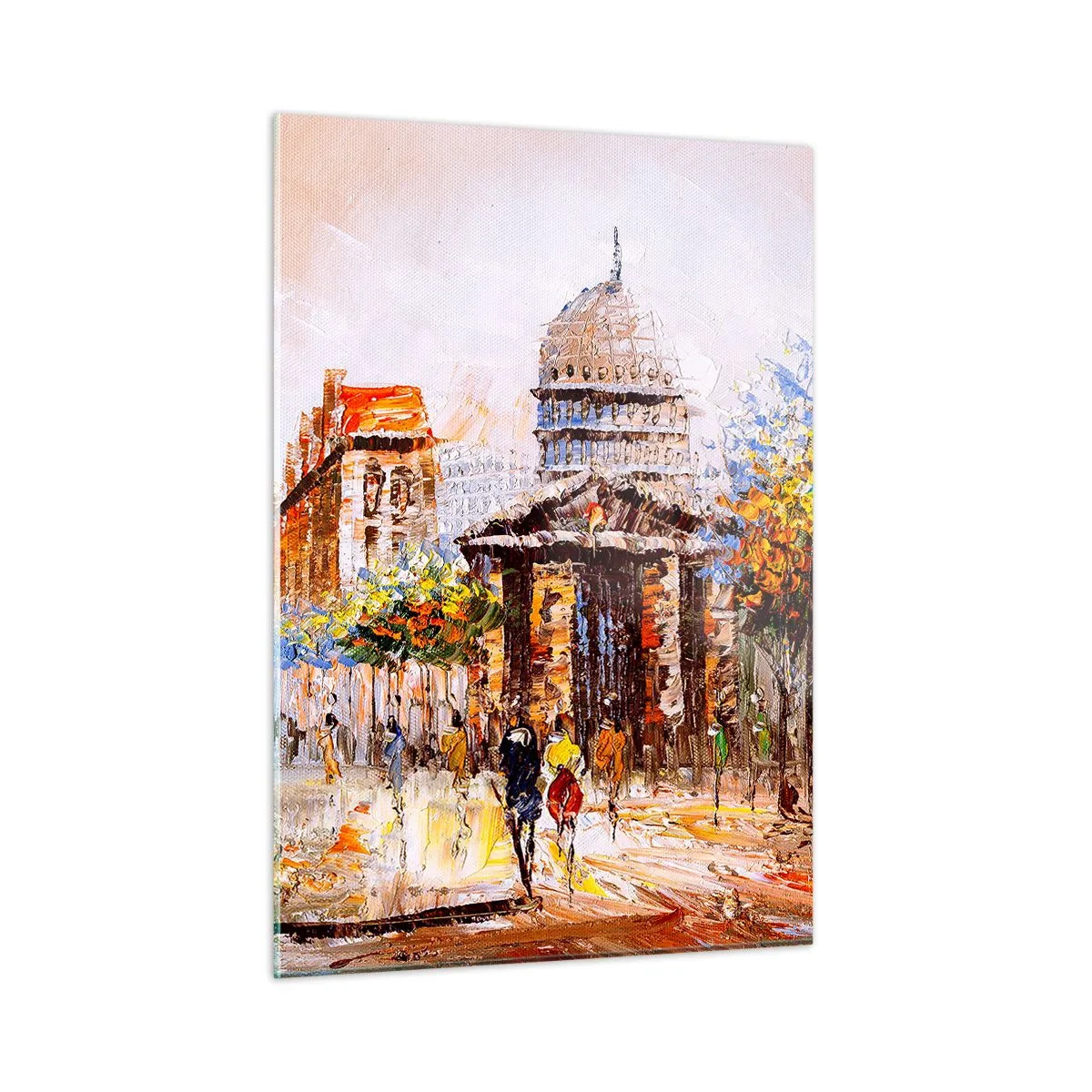 Quadro su vetro - Una pittoresca strada cittadina con un edificio storico sullo sfondo - 50x70cm - Passeggiata a Parigi - Decorazione murale moderna per soggiorno e camera da letto ARTTOR