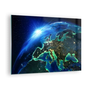 Quadro su vetro - Vista della Terra dallo spazio con Europa che brilla di notte - 70x50cm - L'Europa scintillante - Decorazione murale moderna per soggiorno e camera da letto ARTTOR