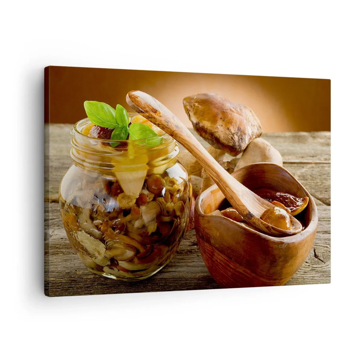 Quadro su tela - Stampe su Tela - Funghi naturali in un barattolo su un tavolo rustico - 70x50cm - Freschi, conservati, autunnali... - Decorazione murale moderna per soggiorno e camera da letto ARTTOR