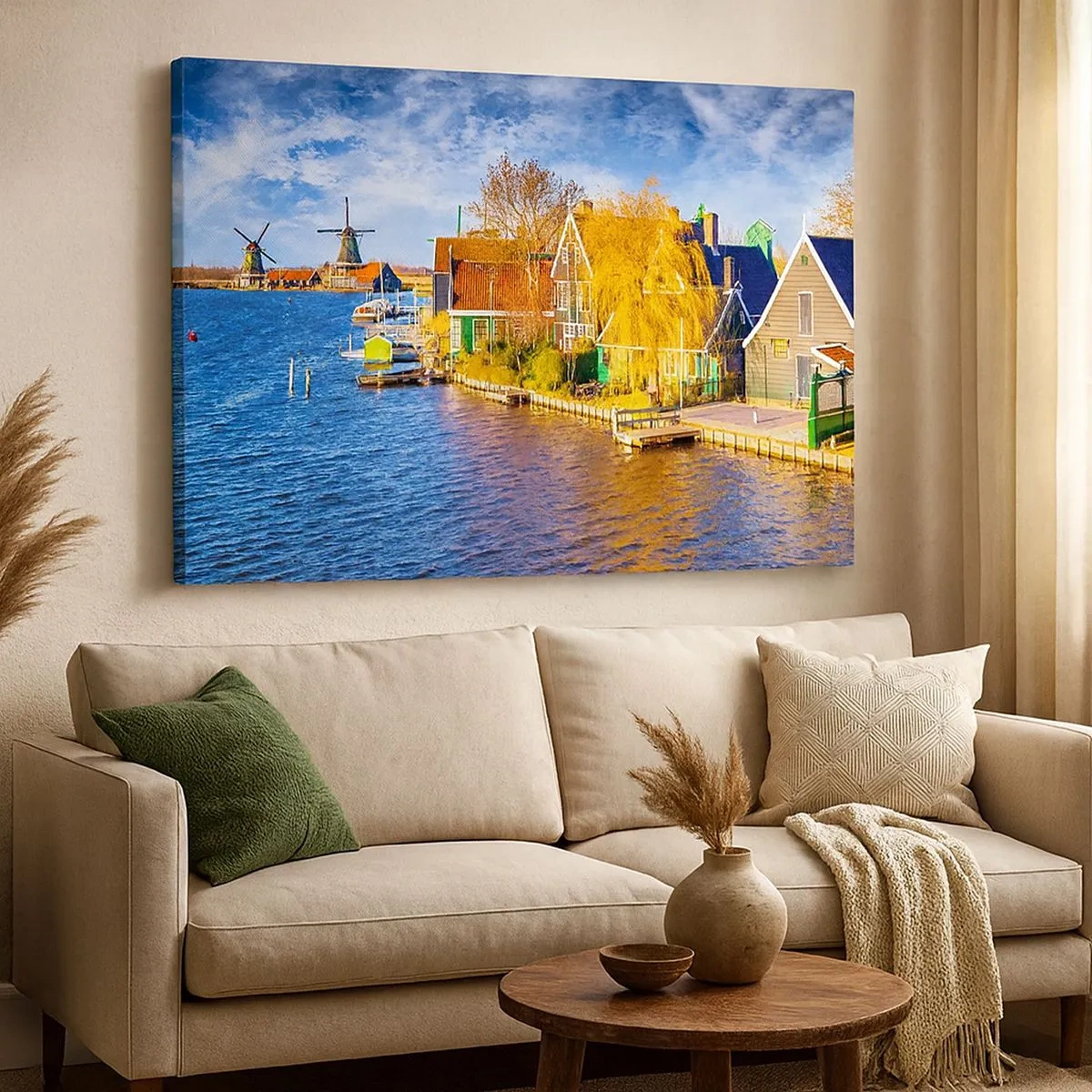 Quadro su tela - Stampe su Tela - Case pittoresche e mulini a vento in riva all'acqua - 70x50cm - Da secoli immutabile - Decorazione murale moderna per soggiorno e camera da letto ARTTOR