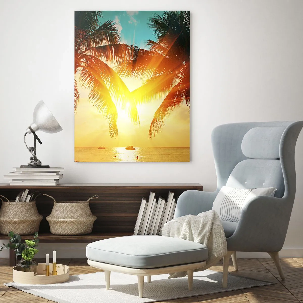 Quadro su vetro - Palme illuminate dal sole su una spiaggia tropicale - 50x70cm - Coppia esotica - Decorazione murale moderna per soggiorno e camera da letto ARTTOR