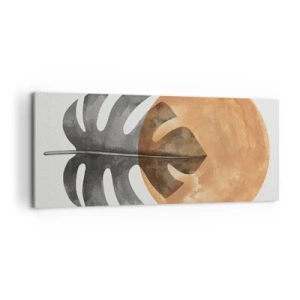 Quadro su tela - Stampe su Tela - Foglia di monstera e cerchio dorato su sfondo chiaro - 120x50cm - Sempre il sole - Decorazione murale moderna per soggiorno e camera da letto ARTTOR