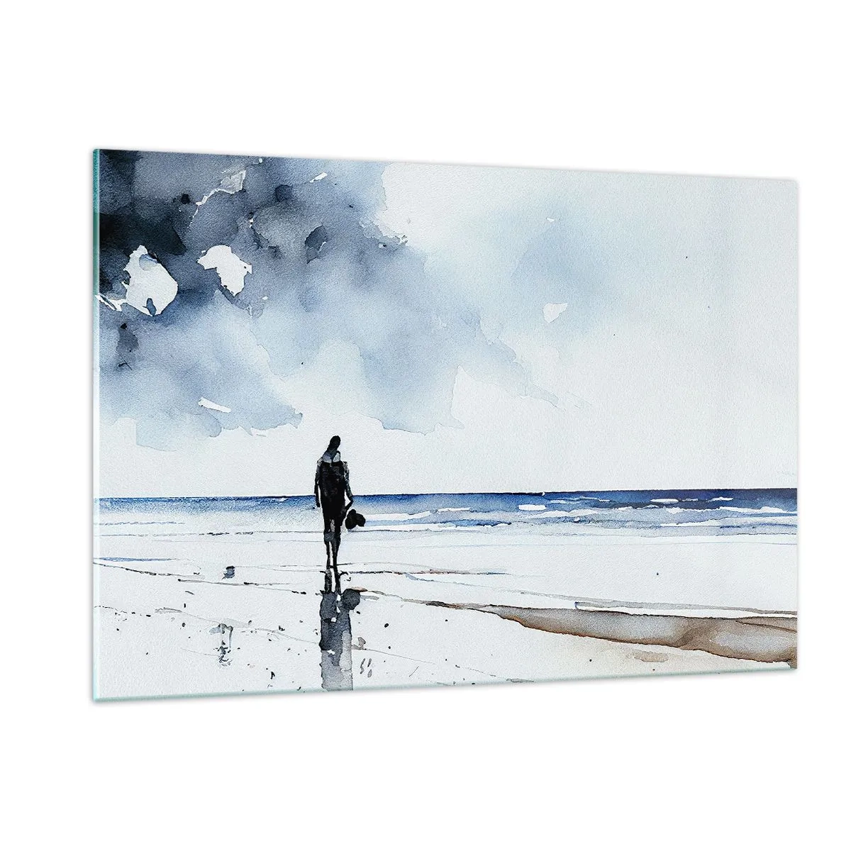 Quadro su vetro - Silhouette di una persona in riva al mare in delicato acquerello - 120x80cm - Dialogo con il mare - Decorazione murale moderna per soggiorno e camera da letto ARTTOR