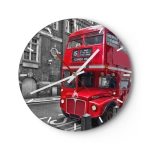 Orologio da parete - Orologio in Vetro - Un autobus rosso di Londra sullo sfondo di edifici storici - 30x30cm - Sempre lo stesso - Decorazione murale moderna per soggiorno, cucina e camera da letto ARTTOR