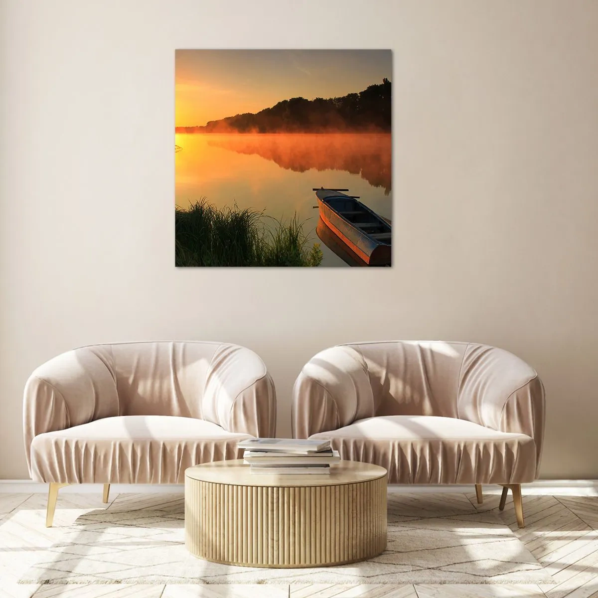 Quadro su vetro - Alba sull'acqua, come uno specchio - 60x60 cm