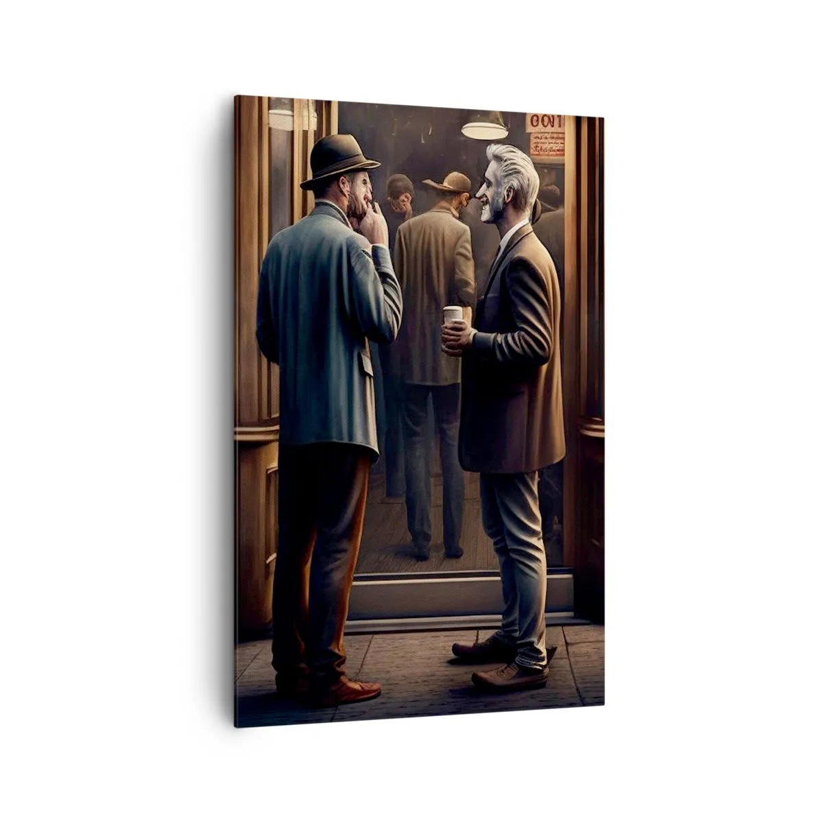 Quadro su tela - Stampe su Tela - Scena di strada con persone davanti a un caffè retrò - 80x120cm - Il buon momento della giornata - Decorazione murale moderna per soggiorno e camera da letto ARTTOR