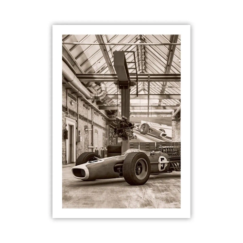 Poster - Auto da corsa iconica in un interno industriale - 50x70cm - Il riposo del vincitore - Decorazione murale moderna per soggiorno e camera da letto ARTTOR