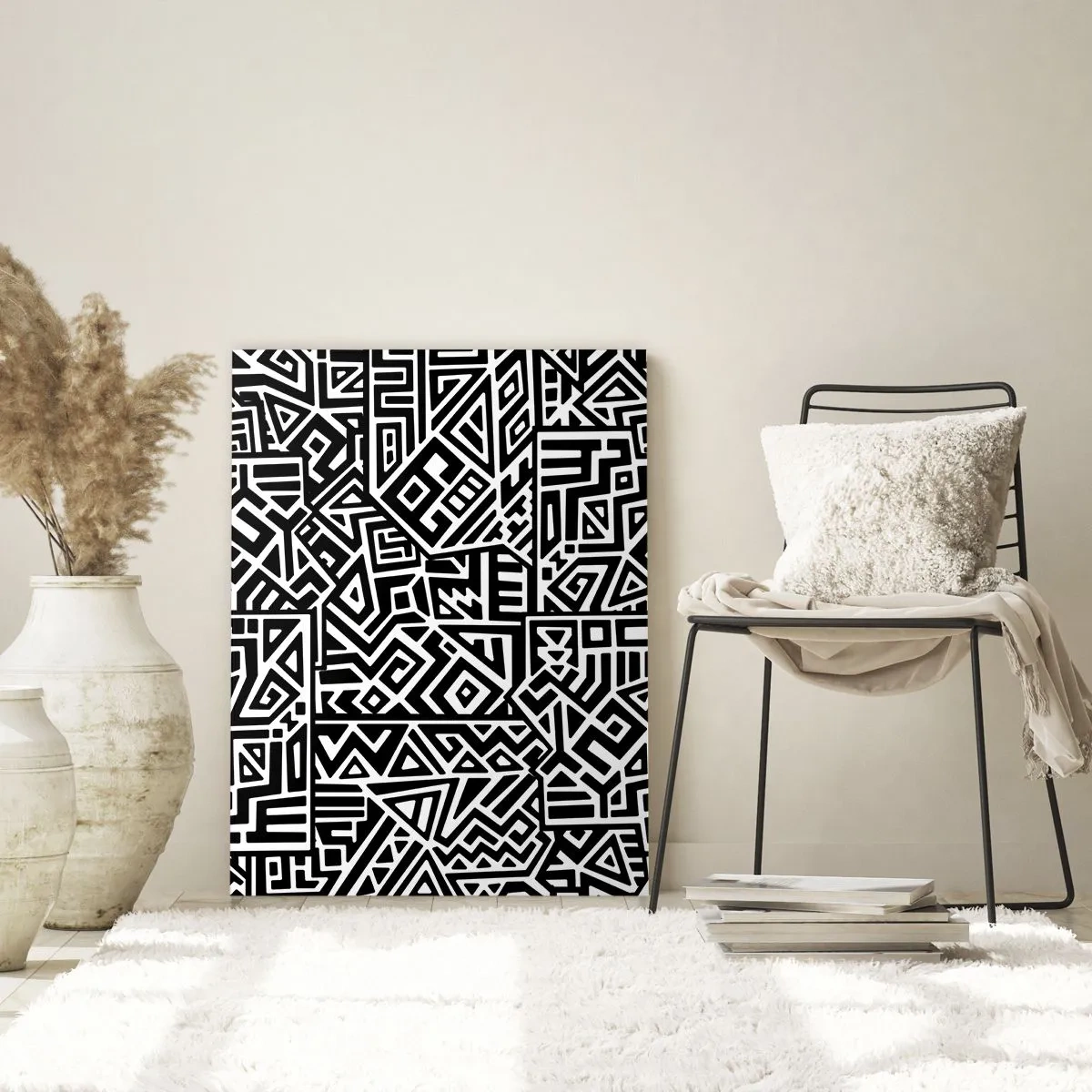 Quadro su vetro - Motivo in bianco e nero ispirato all'arte tribale - 50x70cm - Composizione precolombiana - Decorazione murale moderna per soggiorno e camera da letto ARTTOR