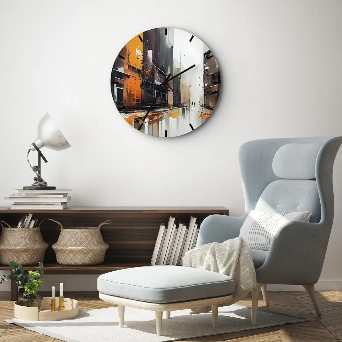 Orologio da parete - Orologio in Vetro - Scena di strada urbana astratta con luce arancione e pioggia - 30x30cm - Un giorno di pioggia - Decorazione murale moderna per soggiorno, cucina e camera da letto ARTTOR