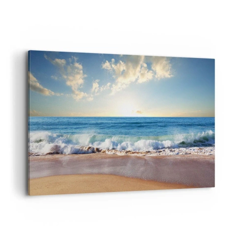 Quadro su tela - Stampe su Tela - Una spiaggia soleggiata con onde che si infrangono sulla riva - 100x70cm - Insieme movimento e immobilità - Decorazione murale moderna per soggiorno e camera da letto ARTTOR