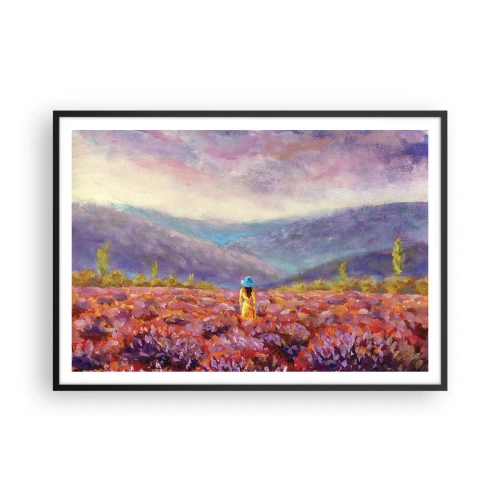 Poster in cornice nera - Una donna con un cappello cammina in un campo di lavanda. - 100x70cm - Nel mondo di lavanda - Decorazione murale moderna per soggiorno e camera da letto ARTTOR