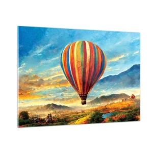 Quadro su vetro - Un palloncino colorato che fluttua sopra un paesaggio montano - 100x70cm - Nel silenzio si vede meglio - Decorazione murale moderna per soggiorno e camera da letto ARTTOR