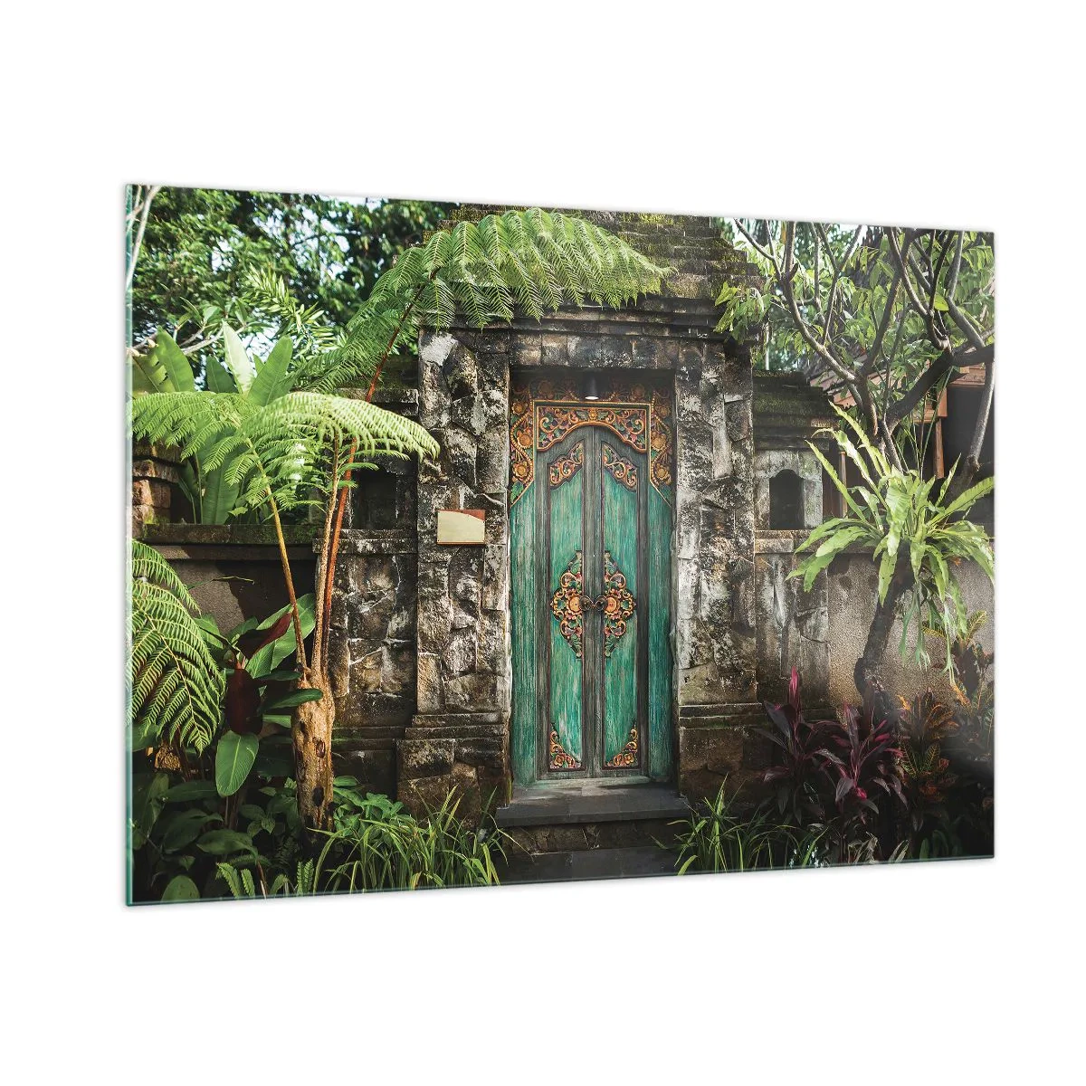 Quadro su vetro - Porta turchese decorata in un muro di pietra circondato da vegetazione tropicale - 100x70cm - Le porte verso un mondo esotico - Decorazione murale moderna per soggiorno e camera da letto ARTTOR