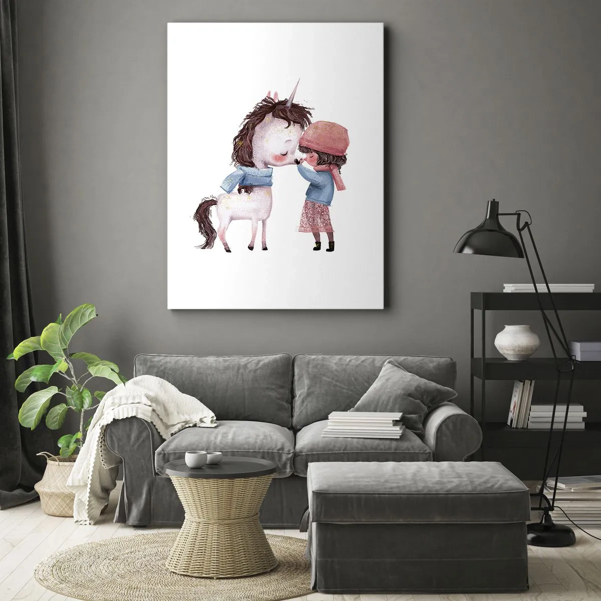 Quadro su tela - Stampe su Tela - Una ragazza e un unicorno in uno scenario invernale - 50x70cm - Racconto d'inverno - Decorazione murale moderna per soggiorno e camera da letto ARTTOR