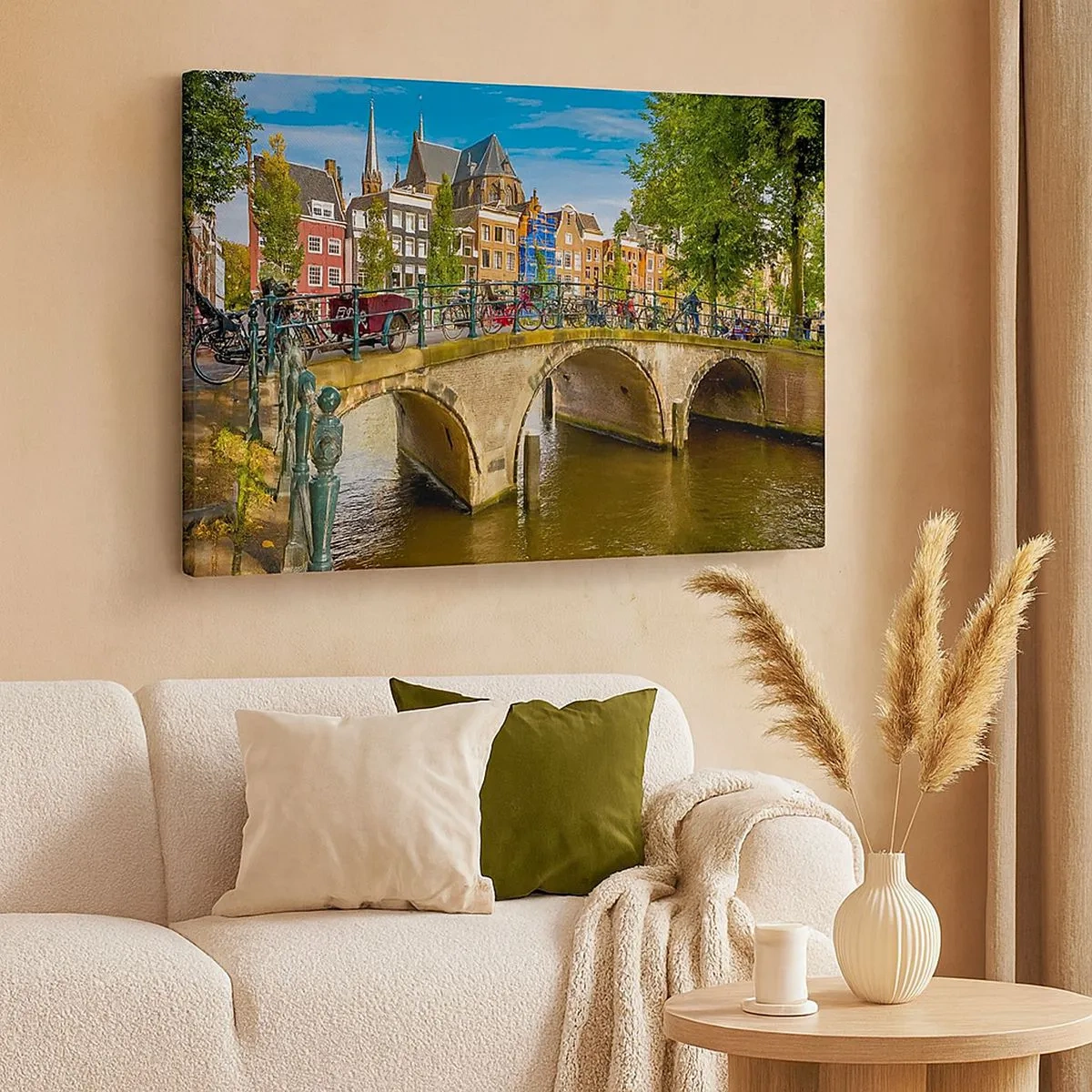 Quadro su tela - Stampe su Tela - Un pittoresco canale con un ponte ad Amsterdam - 70x50cm - La primavera sul canale - Decorazione murale moderna per soggiorno e camera da letto ARTTOR