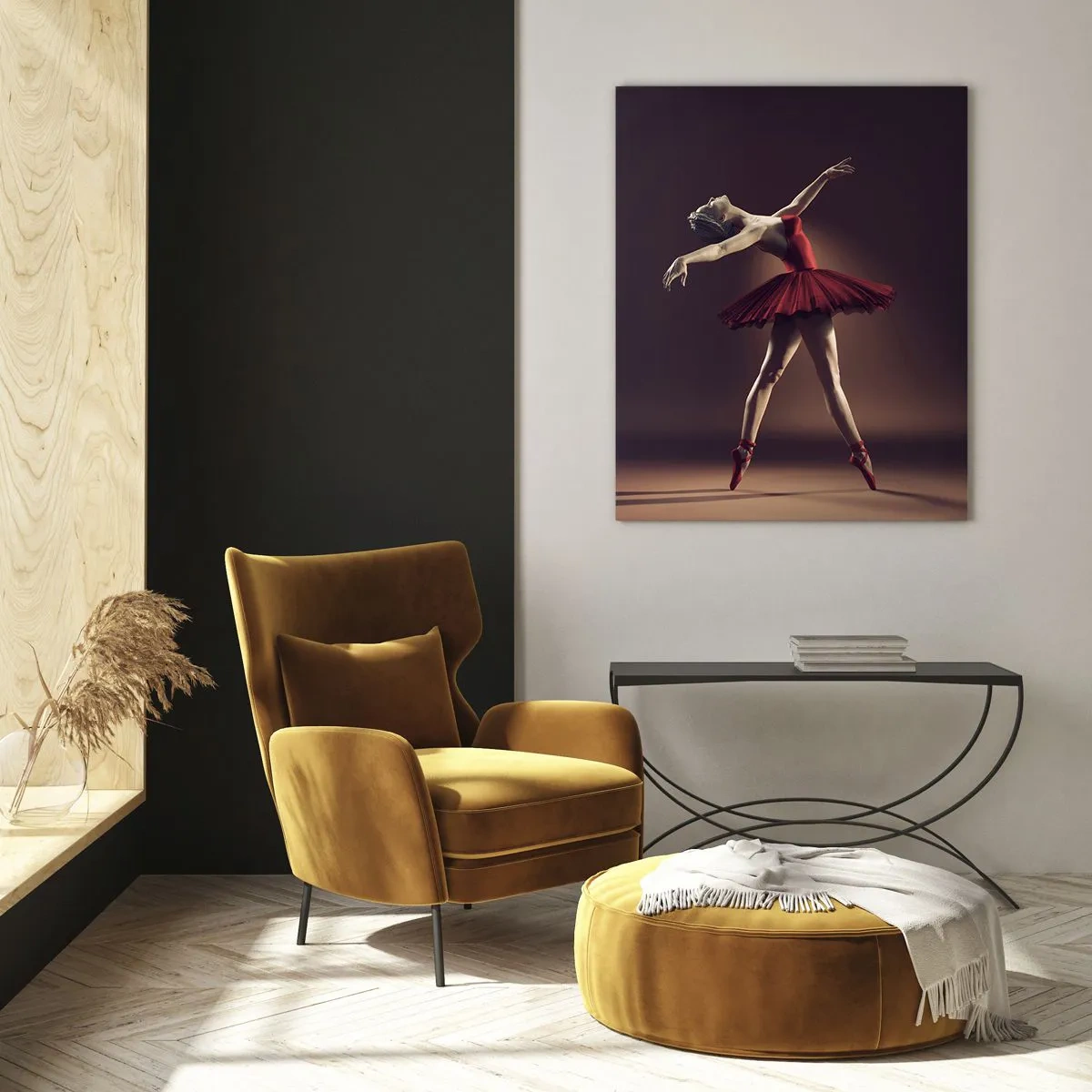 Quadro su vetro - Una ballerina in un abito rosso in una posa dinamica - 50x70cm - Prima ballerina - Decorazione murale moderna per soggiorno e camera da letto ARTTOR