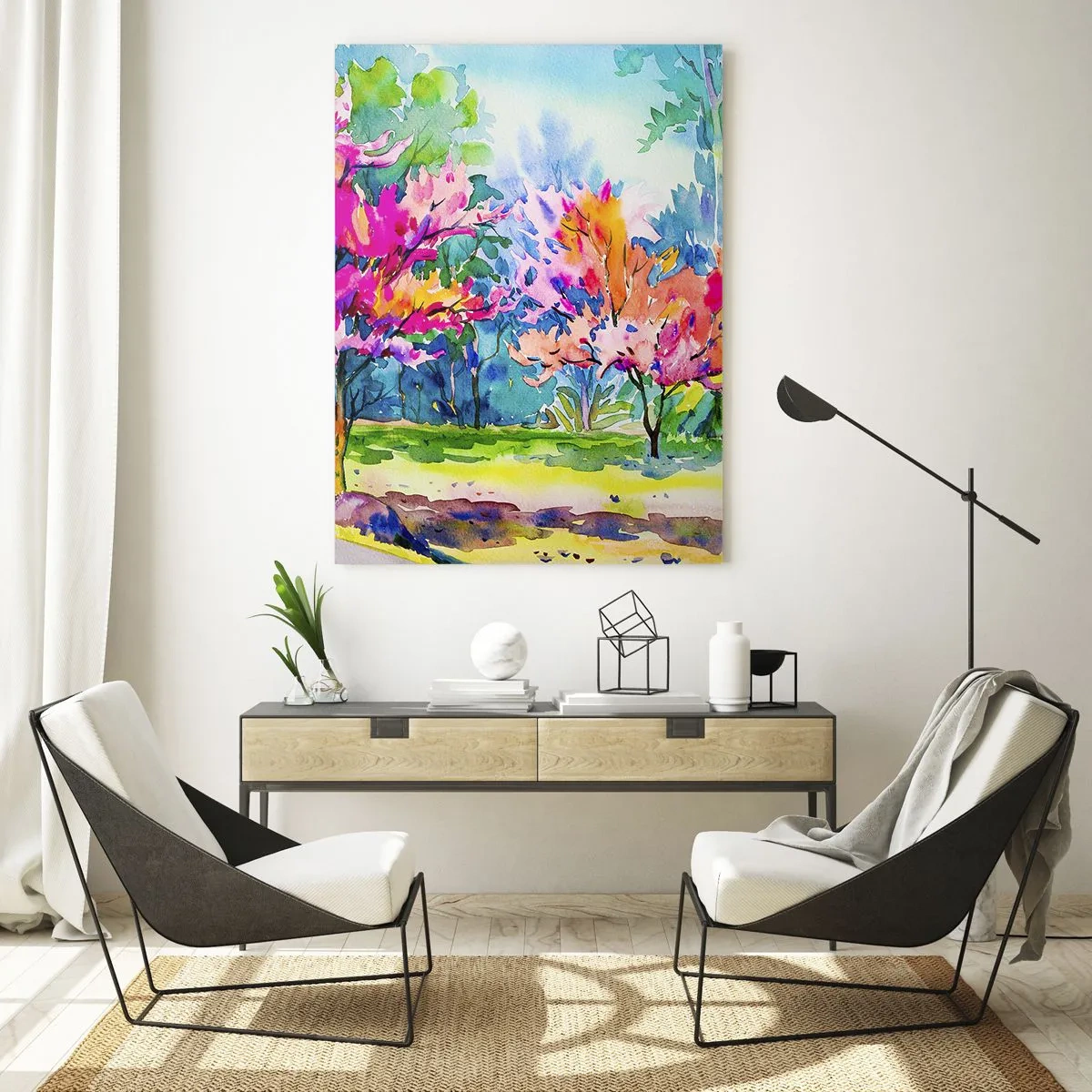 Quadro su vetro - Alberi colorati in un parco in stile acquerello - 80x120cm - Giardino multicolore nella luce della primavera - Decorazione murale moderna per soggiorno e camera da letto ARTTOR