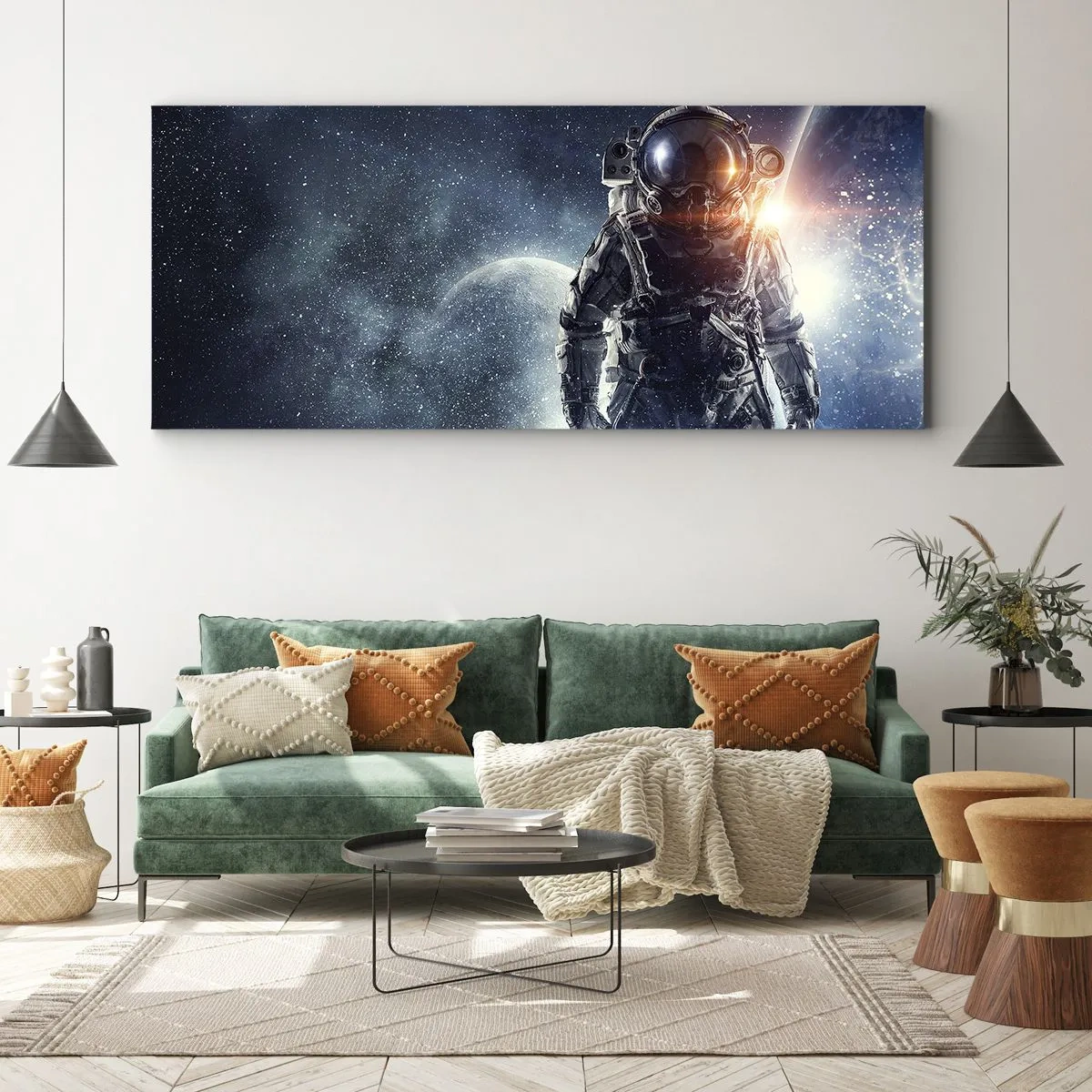 Quadro su tela - Stampe su Tela - Astronauta sullo sfondo dello spazio e del pianeta Terra - 160x50cm - Avventura nello spazio - Decorazione murale moderna per soggiorno e camera da letto ARTTOR