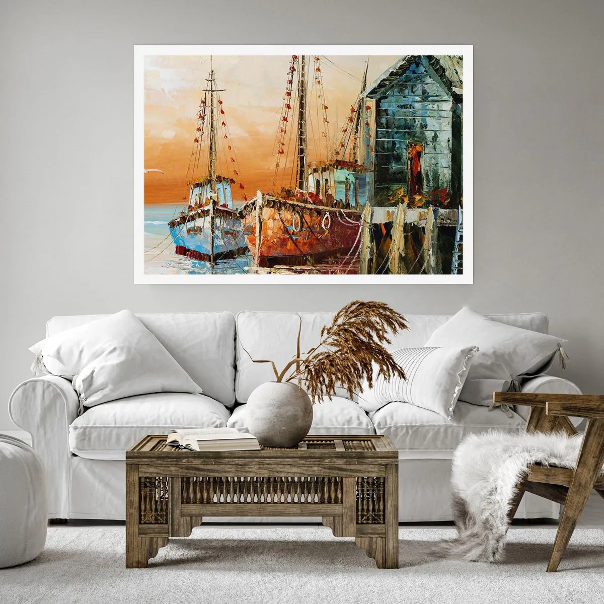 Poster - Barche sulla riva nella calda luce del tramonto - 100x70cm - Ritorno tranquillo - Decorazione murale moderna per soggiorno e camera da letto ARTTOR