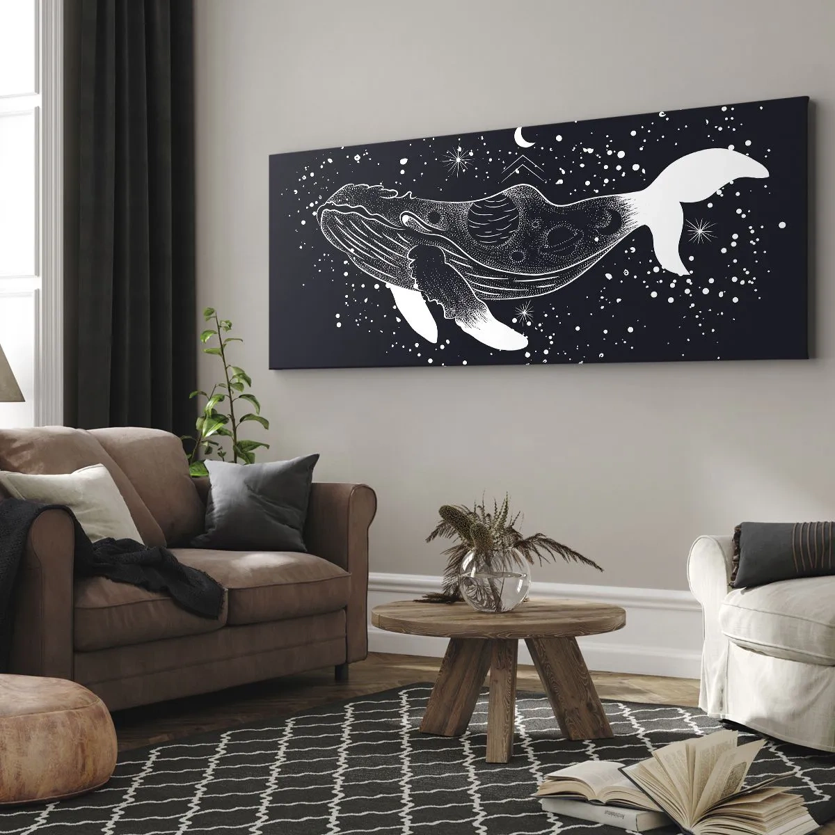 Quadro su tela - Stampe su Tela - Illustrazione grafica di una balena in stile spaziale. - 140x50cm - Nell'oceano dell'universo - Decorazione murale moderna per soggiorno e camera da letto ARTTOR