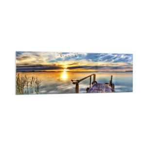 Quadro su vetro - Molo di legno sul lago al tramonto - 160x50cm - Il vento è andato a dormire - Decorazione murale moderna per soggiorno e camera da letto ARTTOR