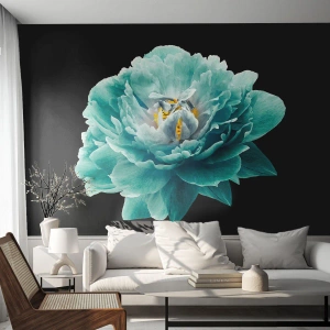 Fotomurali Premium Sand - Fiore di peonia blu su sfondo nero - 100x70cm - Petali blu e oro - Decorazione murale moderna per soggiorno e camera da letto ARTTOR