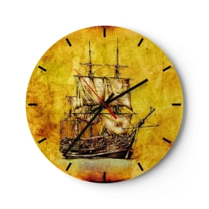 Orologio da parete - Orologio in Vetro - Un motivo cartoon di una nave a vela su uno sfondo nei toni dell'oro - 30x30cm - Verso la Tortuga! - Decorazione murale moderna per soggiorno, cucina e camera da letto ARTTOR