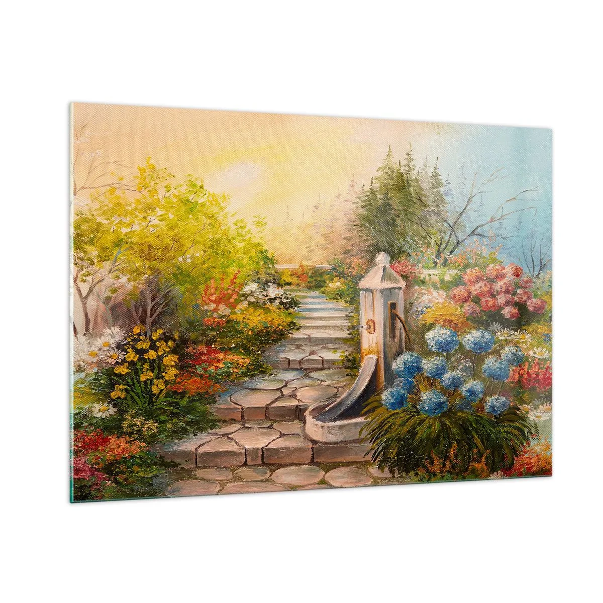 Quadro su vetro - Un giardino fiorito con una fontana in piena fioritura - 100x70cm - In piena fioritura - Decorazione murale moderna per soggiorno e camera da letto ARTTOR