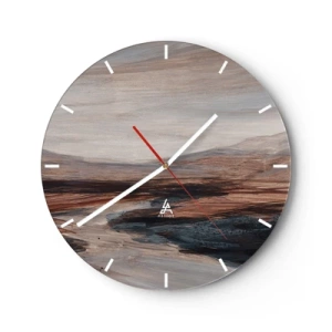 Orologio da parete - Orologio in Vetro - Una valle grigio-marrone con montagne sullo sfondo in stile pittorico - 30x30cm - Valle tranquilla - Decorazione murale moderna per soggiorno, cucina e camera da letto ARTTOR
