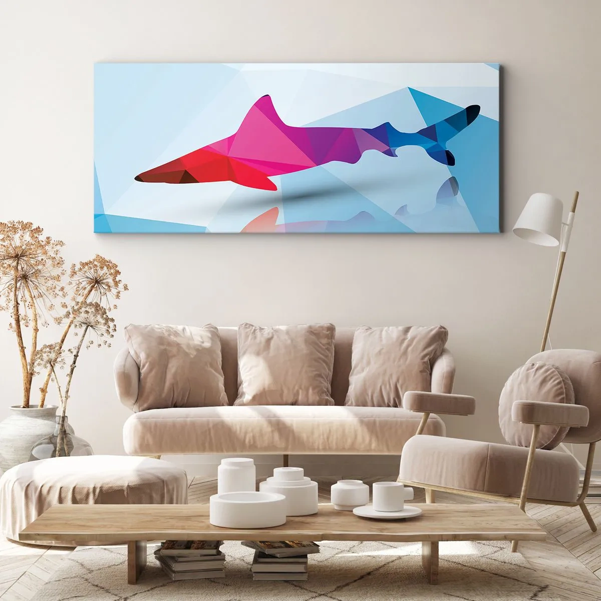 Quadro su tela - Stampe su Tela - Sagoma geometrica di squalo nei toni del rosa e del blu - 160x50cm - Squalo nello spazio di cristallo - Decorazione murale moderna per soggiorno e camera da letto ARTTOR